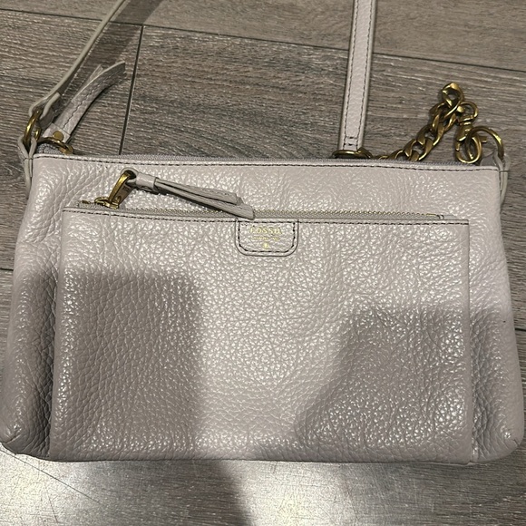 FOSSIL MIMI MINERAL GRAY LEATHER DOUBLE ZIP BAG,CROSSBODY,CONVERTIBLE - Picture 4 of 12
